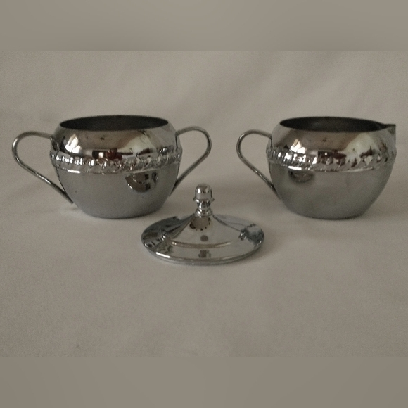 60's Irvinware Mid Century Mod Chrome Sugar Bowl/Lid & Creamer - Picture 2 of 9